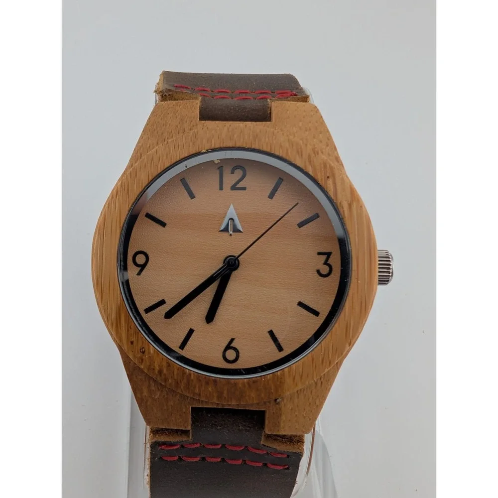 Treehut Bamboo Watch Men 39mm Case Brown Leather Band- New Battery